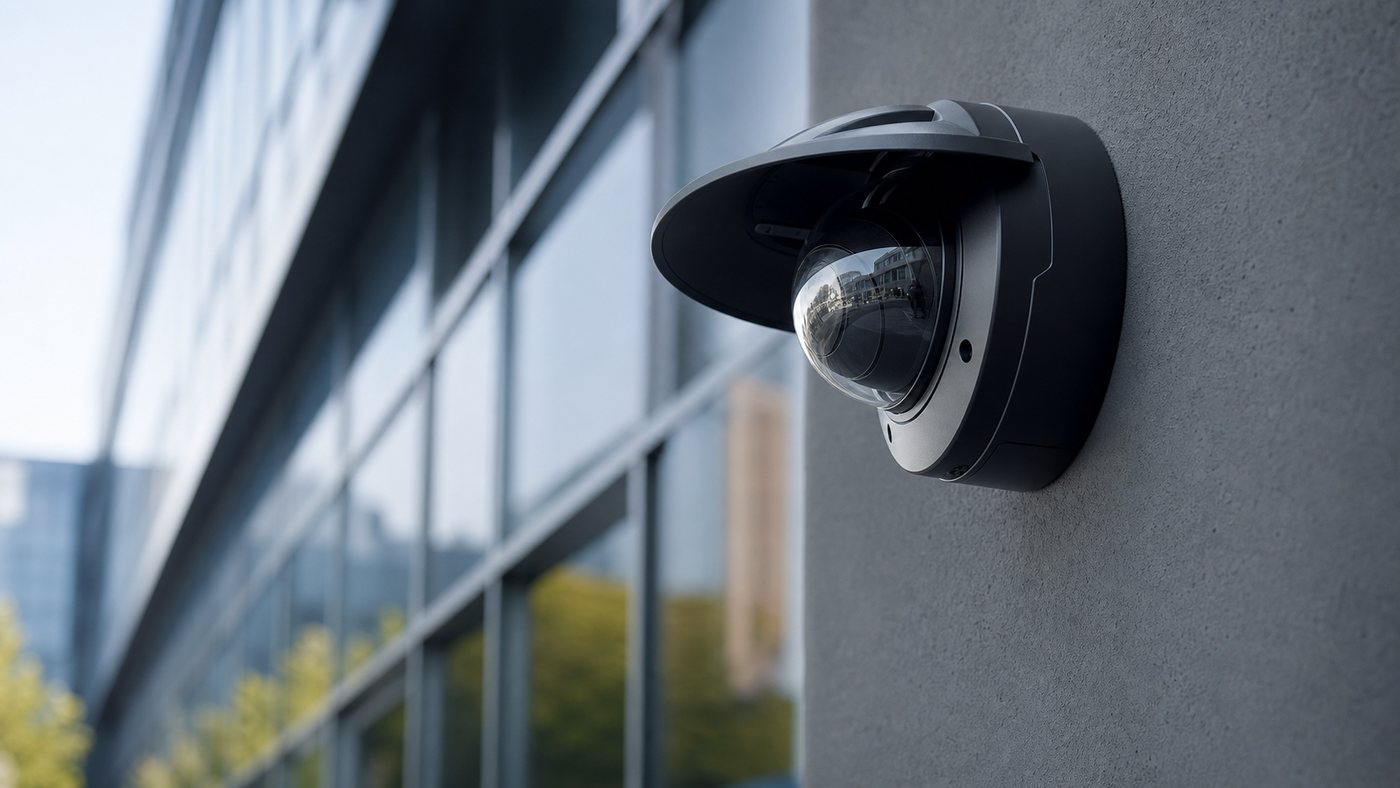 Axis dome camera mounted on an exterior wall