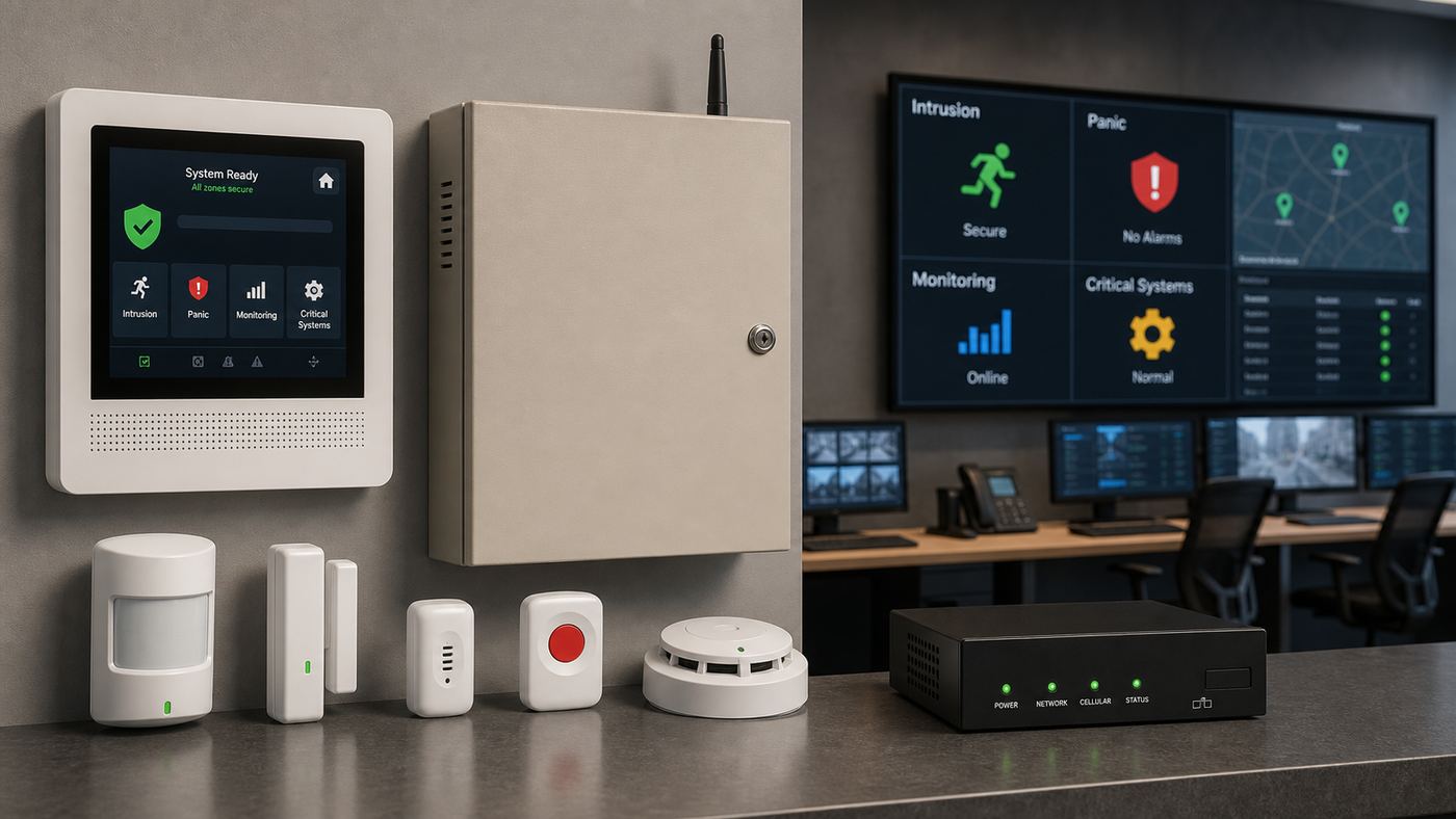 Commercial alarm panel, keypad, panic, and critical monitoring dashboard
