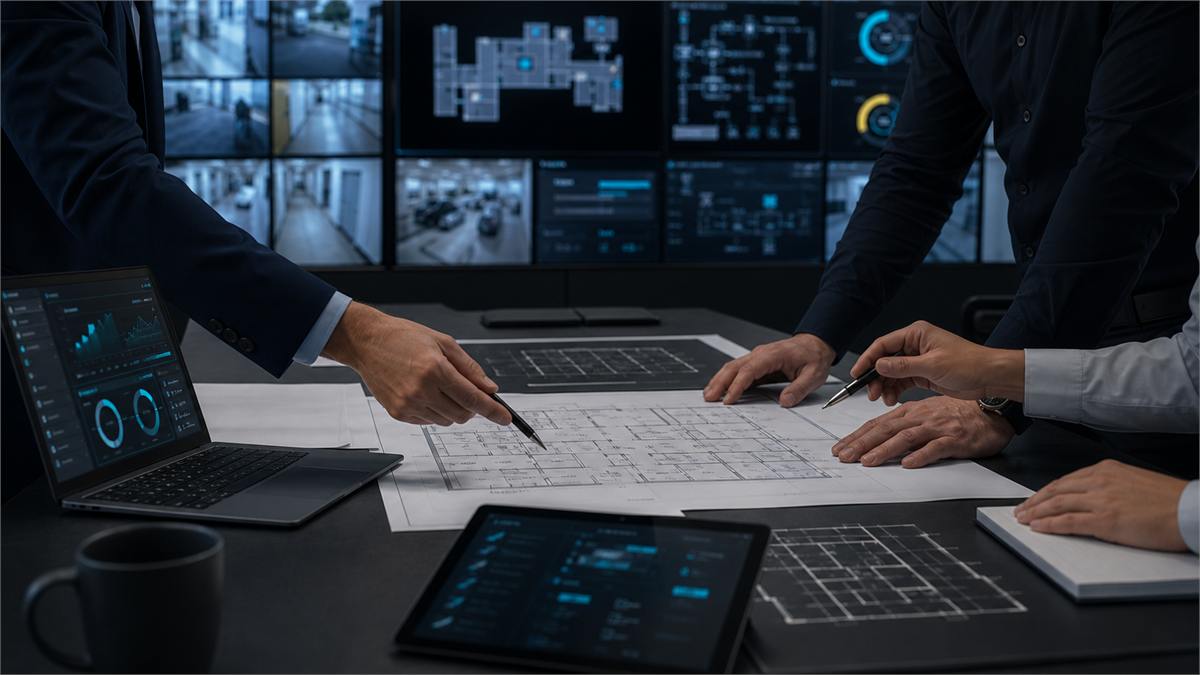 Security leaders reviewing facility plans and security operations dashboards