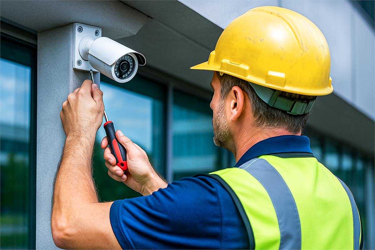 Technician installing a security camera to commercial security standards