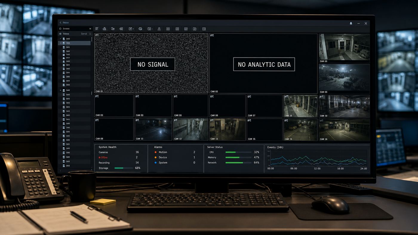 Legacy video dashboard showing no signal and no analytic data